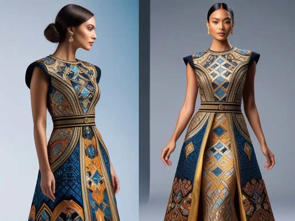 Vestido haute couture inspirado en mosaicos bizantinos Un vestido de alta costura inspirado en mosaicos bizantinos, con colores ricos y detalles dorados, reflejo de opulencia antigua en moda retro