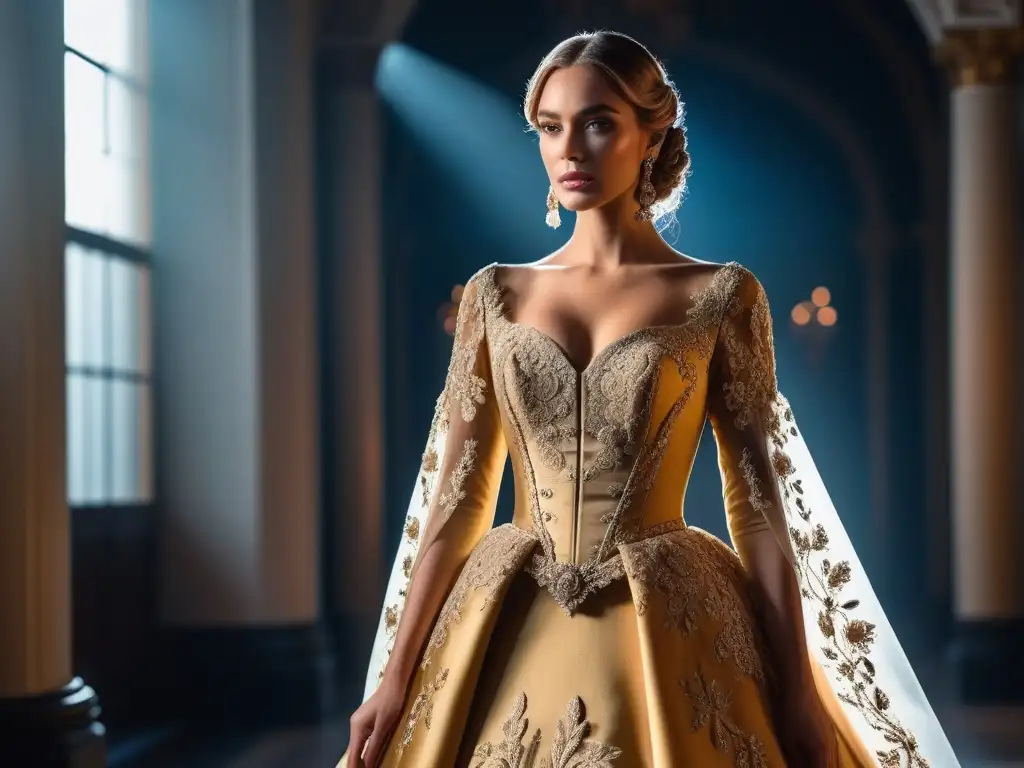 Vestido barroco de lujo con bordados dorados y encaje Un vestido barroco de lujo con bordados dorados y encaje, evocando la elegancia de la moda retro
