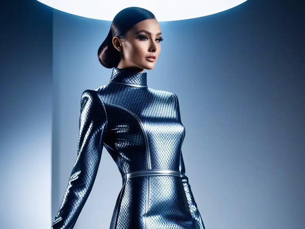 Un vestido futurista de Pierre Cardin de los 60s, con líneas elegantes y formas geométricas innovadoras, bajo una iluminación dramática