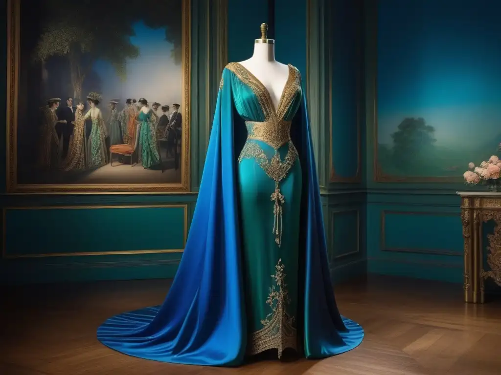 Vestido de noche icónico de Paul Poiret del 1911 Vestido de noche 'La Perse' de Paul Poiret, moda retro del siglo XX con bordados dorados y seda en azul y verde