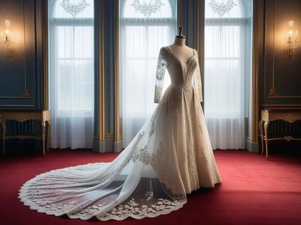 Vestido de novia vintage de encaje del siglo XX, exquisitamente bordado Un vestido de novia vintage bordado con encajes y detalles florales, en una habitación victoriana