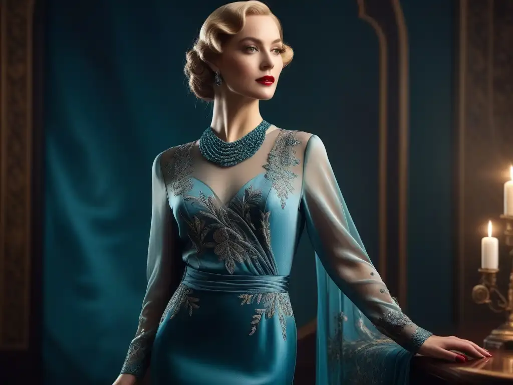 Vestido de seda estilo años 30: glamour y elegancia retro Un vestido de seda glamoroso de la moda retro de los años 30, con bordados intrincados y detalles delicados, exhibido en un maniquí vintage en un entorno lujoso de inspiración Art Deco