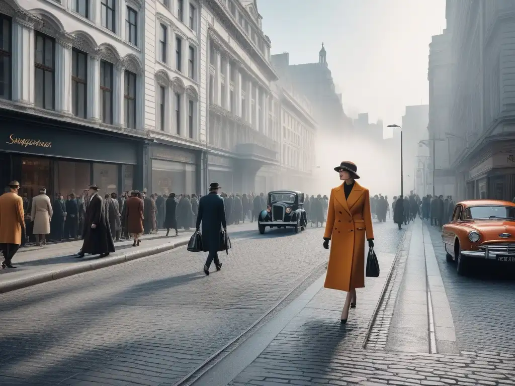 Urbanismo retro-moderno: moda ecléctica en la ciudad Una vibrante calle de la ciudad con moda retro desde principios siglo XX y elementos modernos