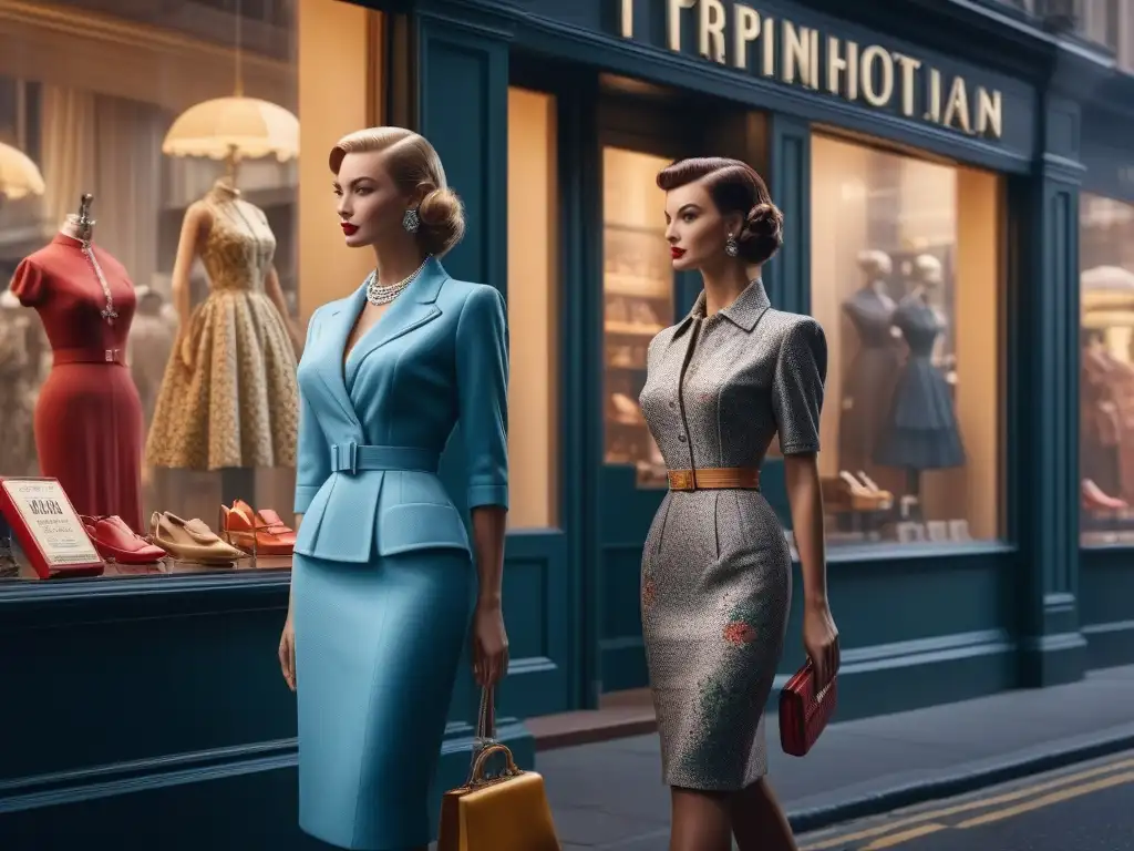 Elegante calle de la moda de los años 50: escaparates y anuncios vintage Vibrante calle de la moda de los años 50 con anuncios de moda icónicos y maniquíes elegantes
