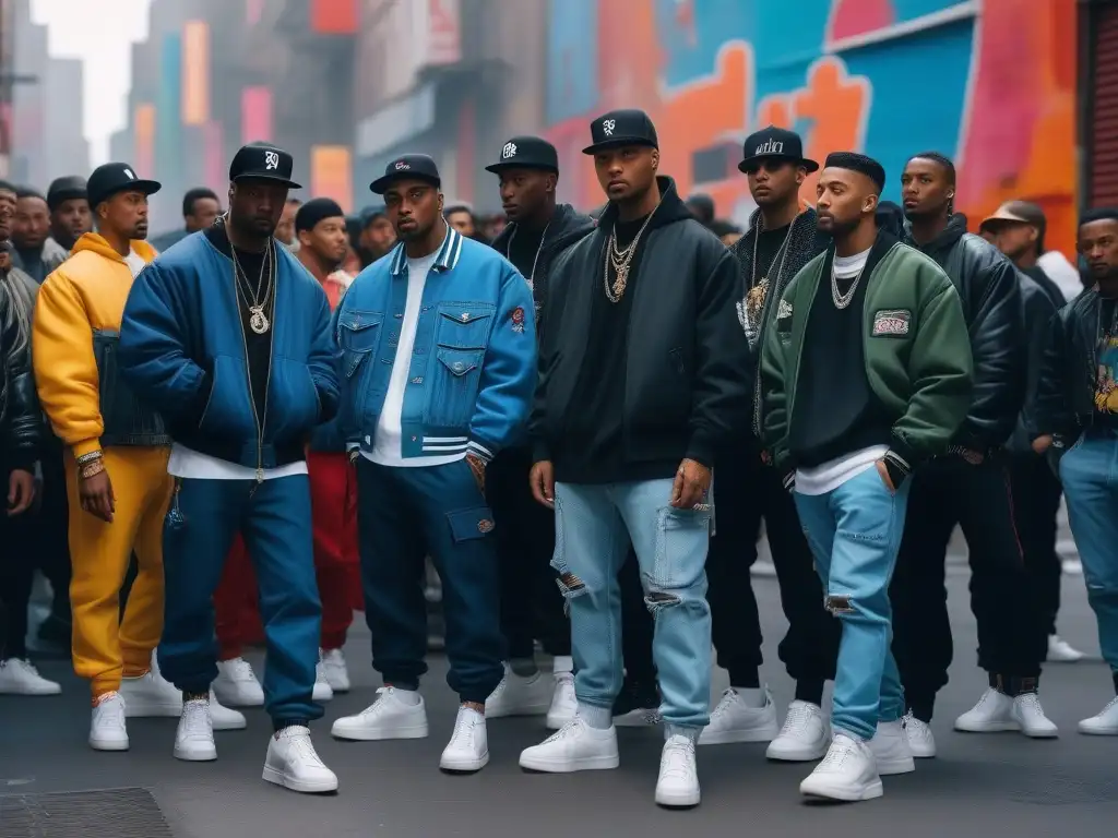 Calles vibrantes de Nueva York en los 90: moda hip hop y arte urbano Un vibrante calle neoyorquina de los 90 con streetwear retro influenciado por hip-hop: grafitis, gente con outfits hiphop y marcas icónicas
