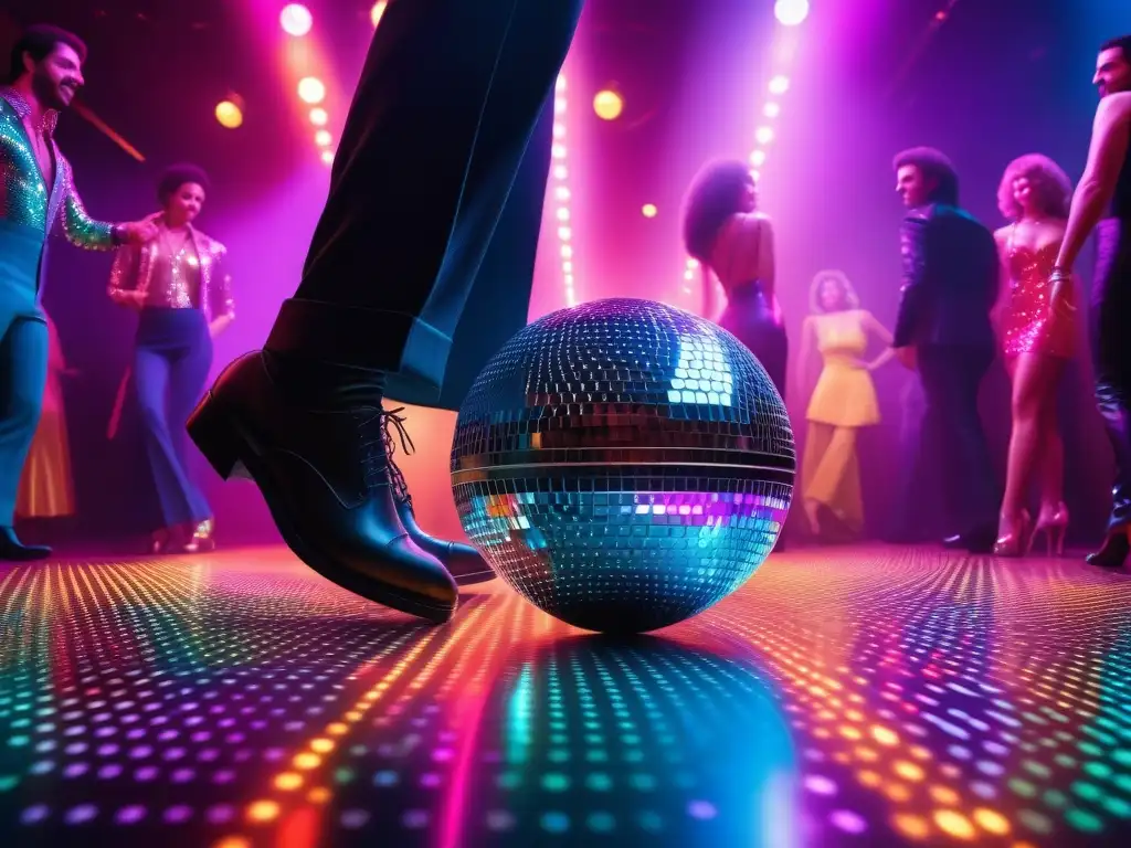 Época disco: Baile vibrante en los 70 Un vibrante y detallado escenario de pista de baile con vestuarios retro icónicos, iluminado por luces de discoteca coloridas