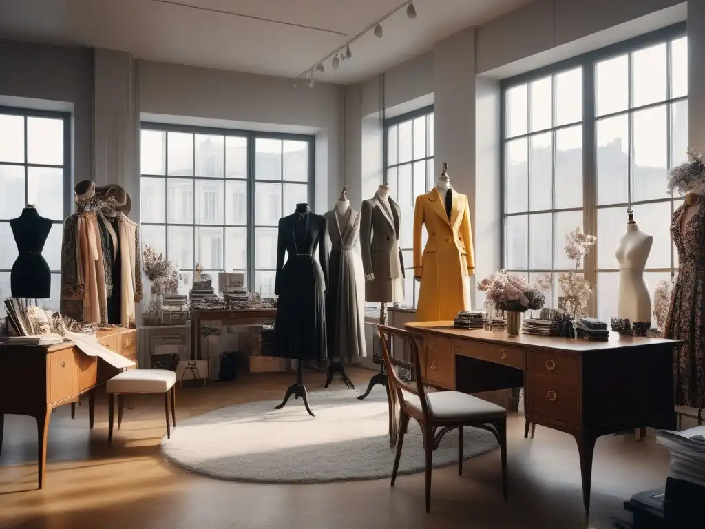 Oficina editorial de moda: creatividad y diseño en acción Un vibrante y detallado estudio de editoriales de moda, con estilos icónicos y un equipo creativo colaborando en una editorial de alta costura