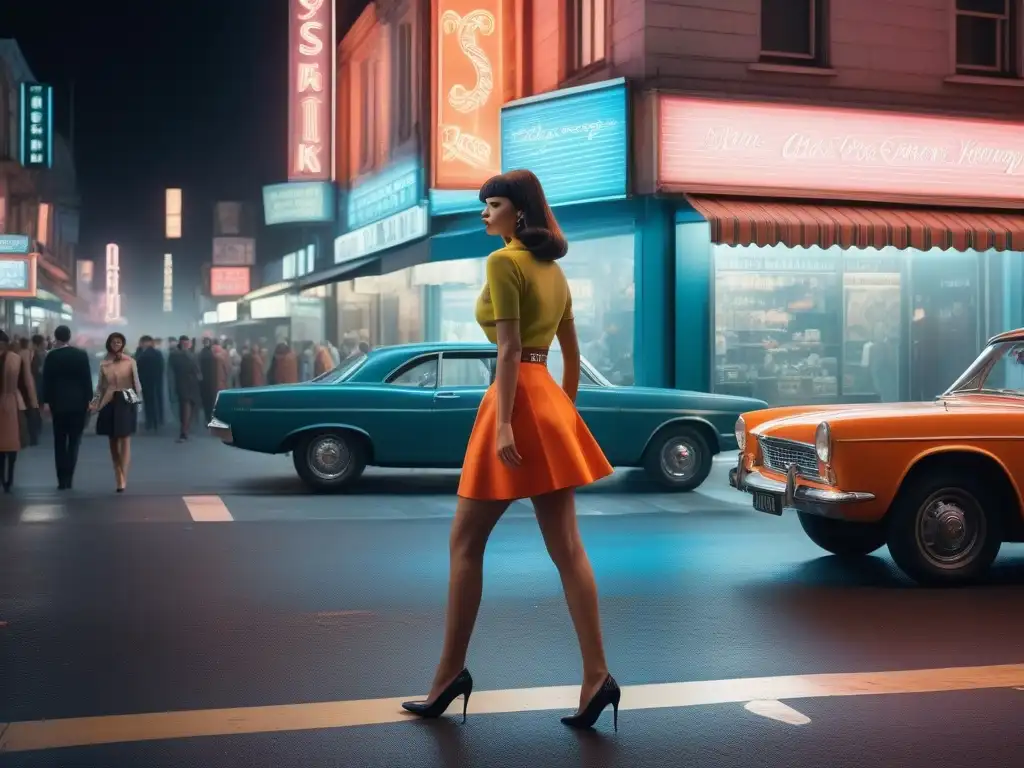 Estilo y Empoderamiento: Chicas en Minifalda en la Ciudad de los 60 Un vibrante y detallado retrato de una calle en los '60 con mujeres usando minifaldas, reflejando la moda retro años 60 minifalda