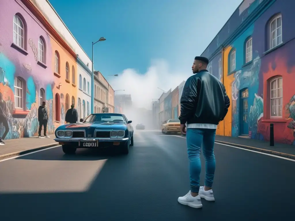 Escena callejera de los 90: moda hiphop y grafitis vibrantes Una vibrante escena callejera de los 90 con grafitis, moda streetwear retro influenciada por hip-hop y autos clásicos