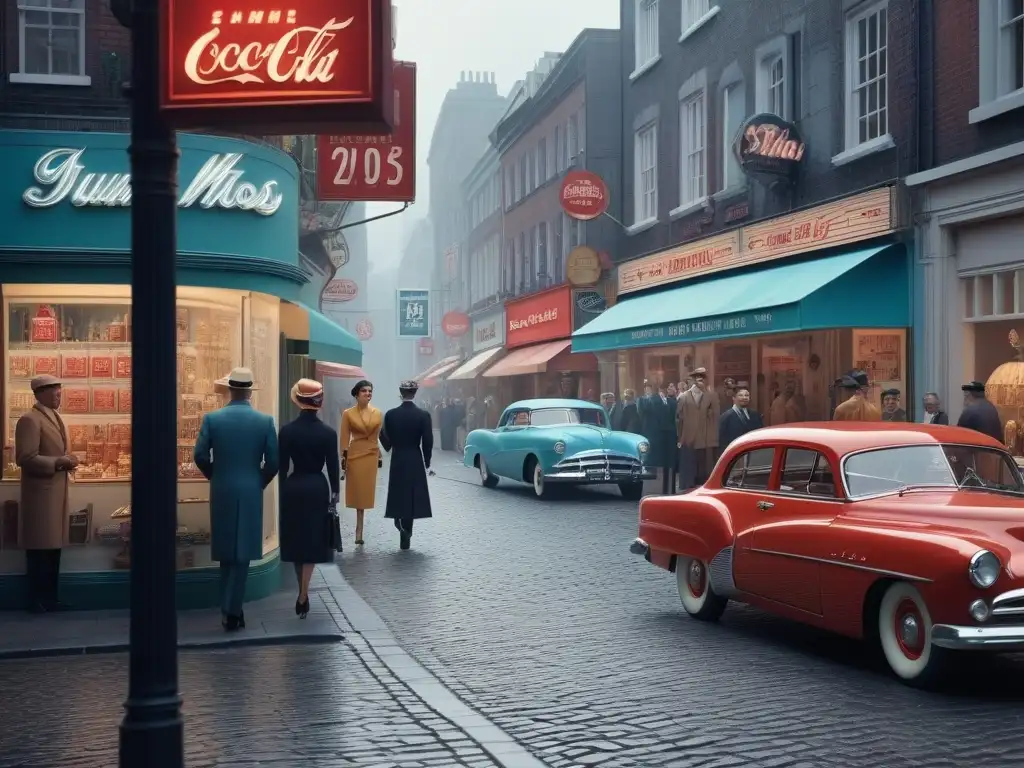 Escena urbana retro de los años 50: moda vintage y publicidad icónica Vibrante escena de la moda de los años 50: boutiques, maniquíes y autos clásicos en la bulliciosa calle