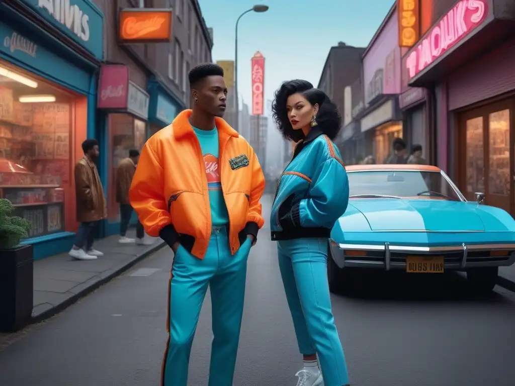 Estilo retro vibrante: moda de los 80 y 90 en la calle urbana Un vibrante escenario urbano lleno de moda retro impacto económico en los años 80 y 90