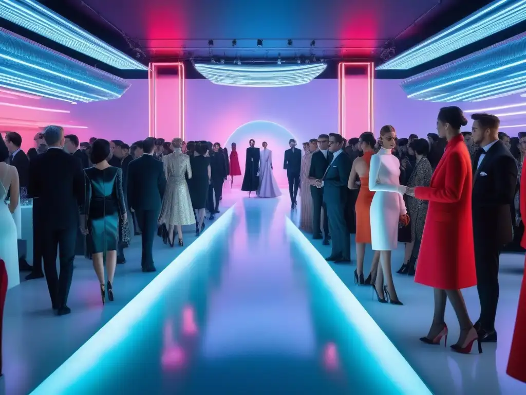 Vibrante evento de lanzamiento de marcas de moda en el año 2000 con multitud diversa y glamurosa