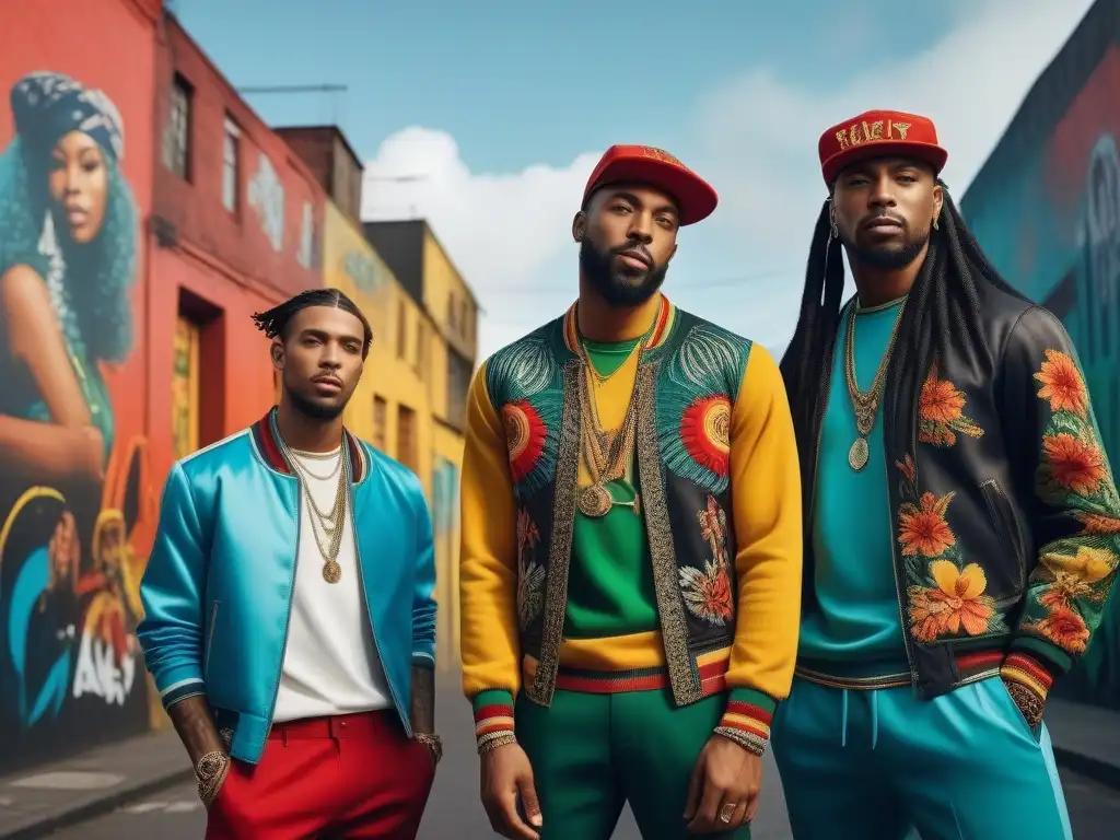 Jóvenes en moda reggae: vibrante y diversa escena urbana Una vibrante imagen de jóvenes con influencia del reggae en moda, luciendo colores y patrones retro en una calle urbana bulliciosa