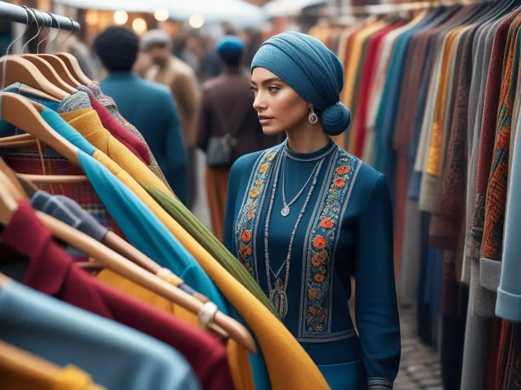 Mercado sostenible: comunidad, esperanza y moda ética Un vibrante mercado postguerra con moda sostenible y comunidad diversa