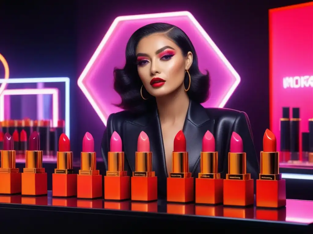 Maquillaje de los 80: audacia y empoderamiento Un vibrante mostrador de maquillaje de los años 80 con mujeres probando tonos de lipstick