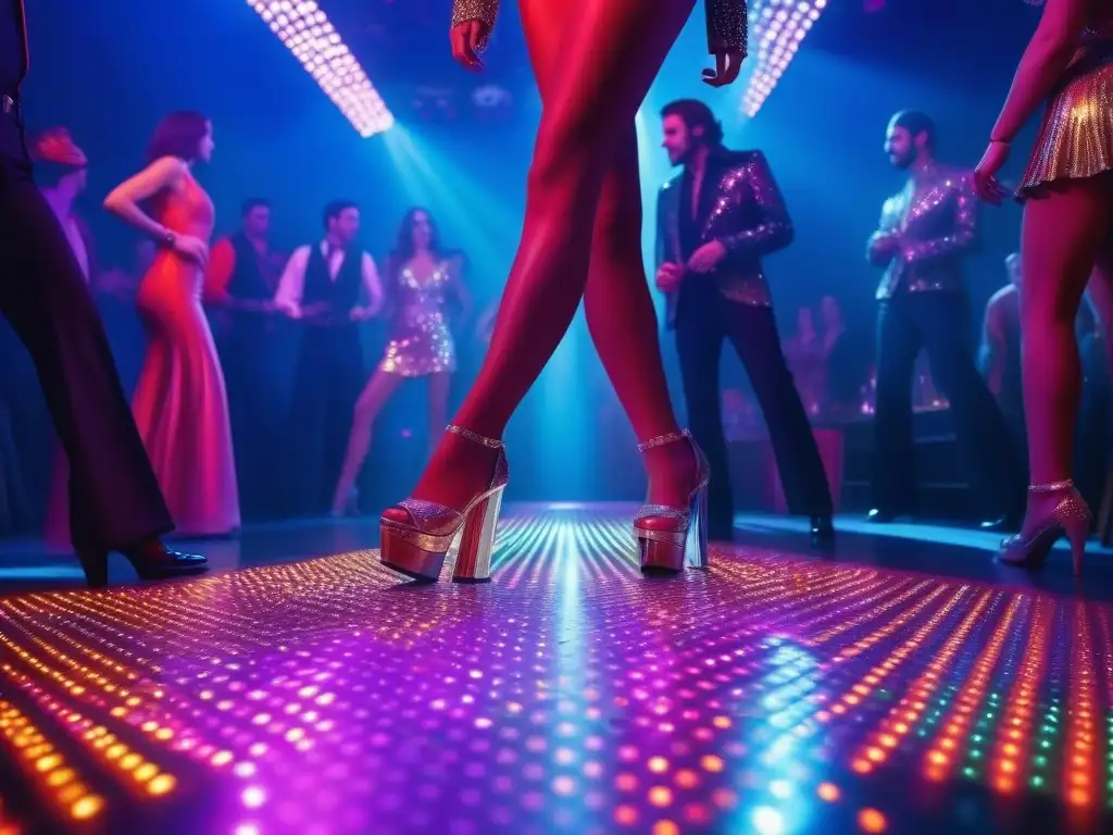 Vibrante pista de baile disco de los 70: moda retro y energía Vibrante pista de baile de discoteca de los 70 con vestuarios retro icónicos, luces de colores y energía en movimiento
