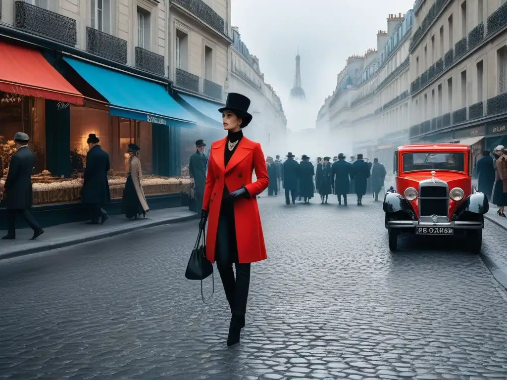 Revolutionary Paris: Moda en Transición del Siglo XX Un vibrante retrato de una bulliciosa calle parisina a principios del siglo XX, mostrando la moda retro desde principios siglo XX