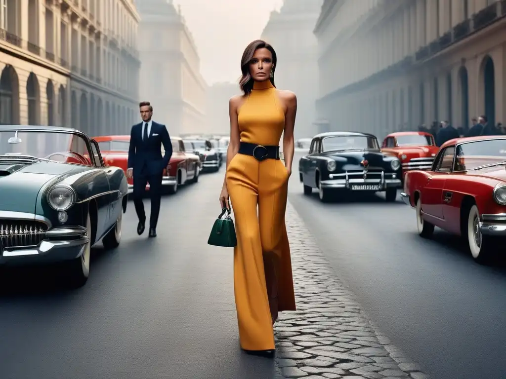 Diseño retro: Victoria Beckham en la ciudad Victoria Beckham en moda retro, reflejando su transición a diseñadora con estilo atemporal en la bulliciosa ciudad