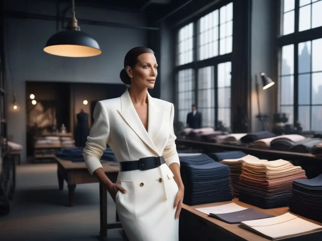 Donna Karan en los 80: Icono de la moda urbana sofisticada Visionaria de la moda retro años 80 Donna Karan supervisando un loft neoyorquino lleno de elegantes diseños y modelos sofisticados