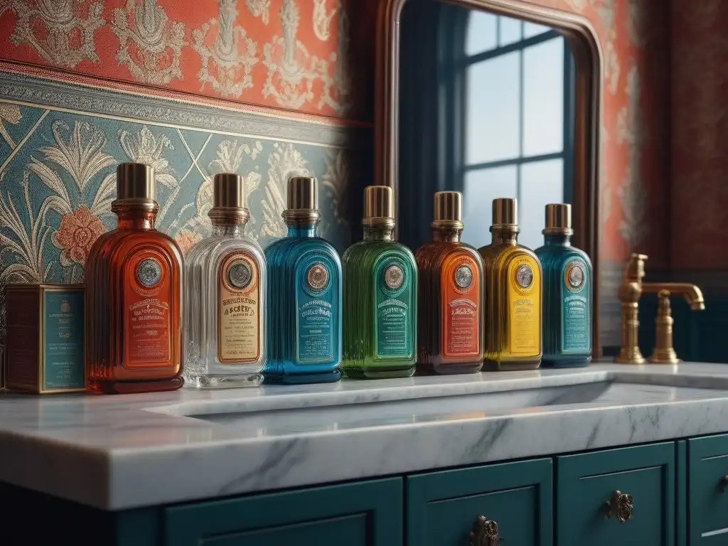 Vista nostálgica de tónicos faciales retro en tocador vintage de los años 70, reflejados en espejo con papel tapiz psicodélico