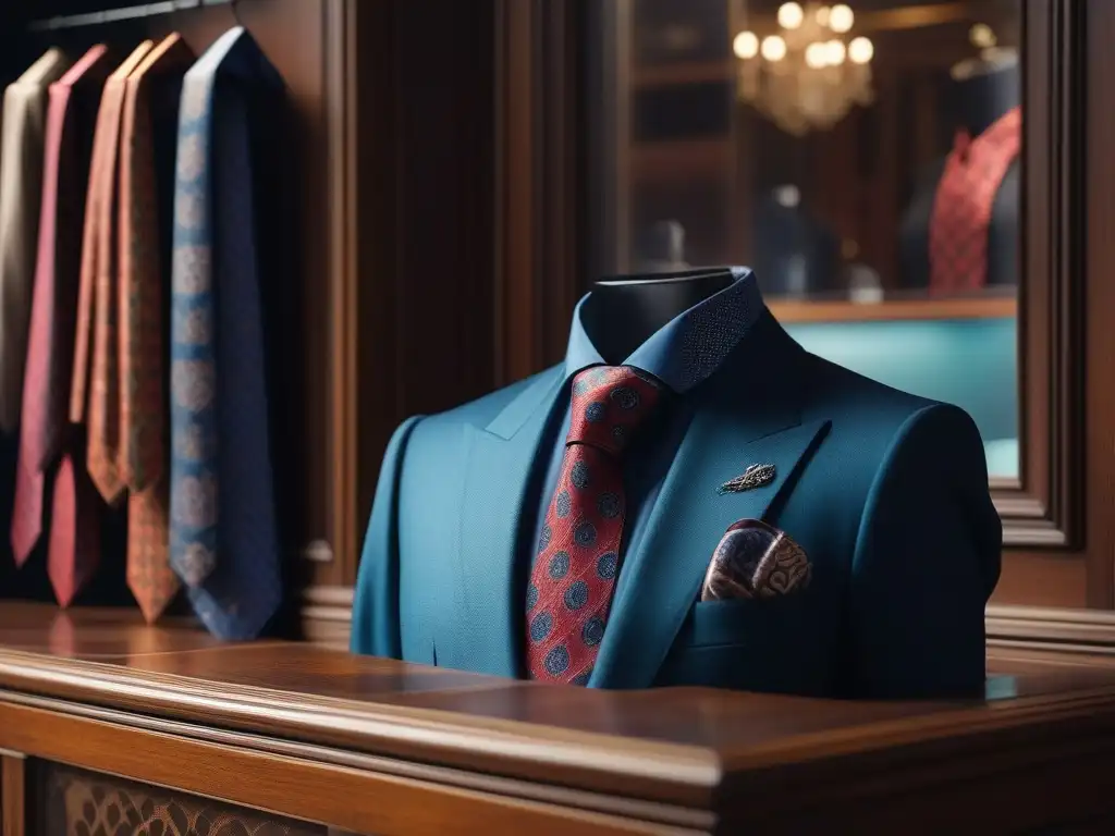 Vitrina de boutique vintage con corbatas y pañuelos coloridos en estantes de madera, iluminados por luz cálida