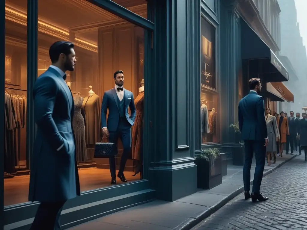 Vitrina de lujo: moda elegante en la ciudad Vitrina de moda lujo en ciudad, reflejos y prendas elegantes, transformación en recesiones económicas