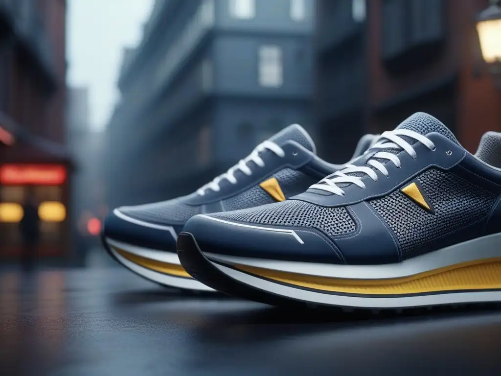 Sneakers retro con tecnología avanzada en ciudad futurista Zapatillas retro con tecnología vanguardia en un entorno futurista y detallado