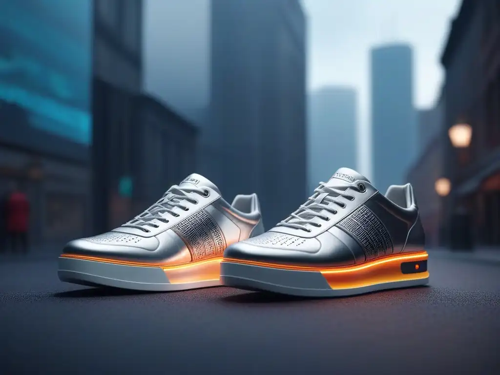 Sneakers retro con tecnología futurista en paisaje urbano Zapatillas retro con tecnología vanguardia en ciudad futurista