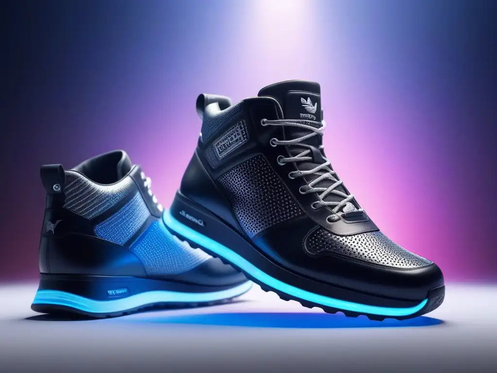 Sneakers retro con tecnología futurista Zapatillas retro con tecnología vanguardia y diseño futurista, destacando luces LED, holografías y sistemas avanzados de amortiguación