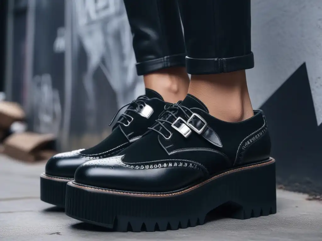Zapatos Creepers de gamuza negra: estilo grunge en la ciudad Zapatos icónicos moda grunge en un callejón urbano con grafitis y basura, detallados y desgastados